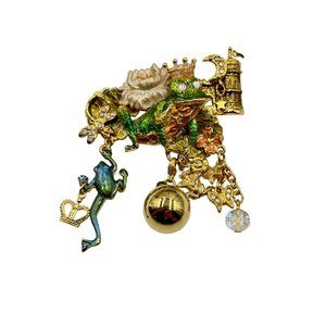 Kirks Folly Prince Frog Whimsical Brooch with Dangles Gold Tone Enamel Signed